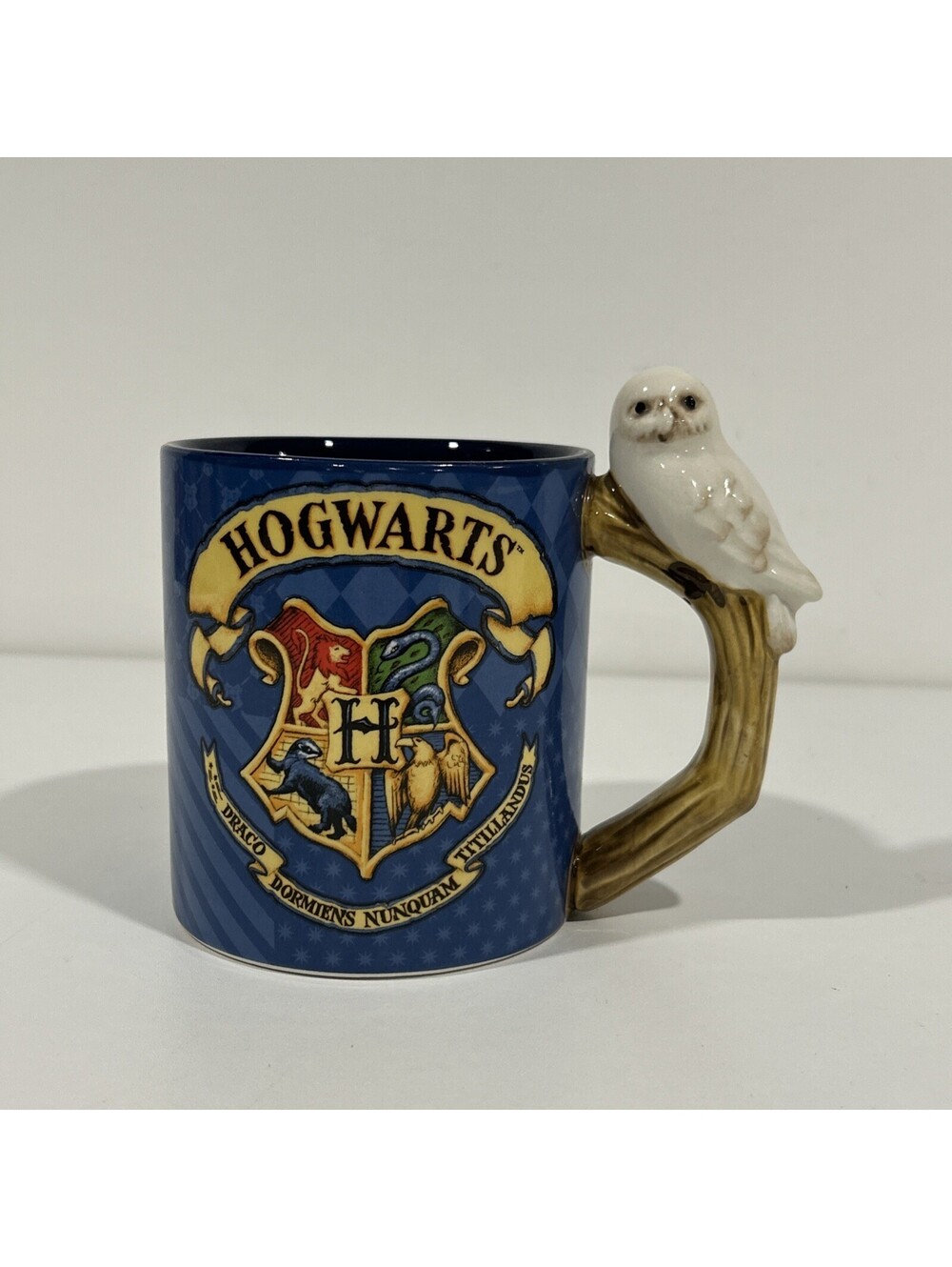 Harry Potter Draco Hogwarts Crest Sculpted Owl Handle Ceramic Blue Mug 4.5”